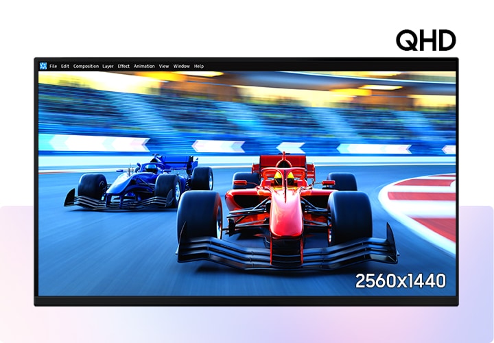 A QHD (2560x1440) screen shows a video of a car race. A 4K (3840x2160) display shows the same race, along with a ranking scoreboard, and a specific driver. A 5K (5120x2880) screen shows an editing tool used to edit the video. The 5K display then shows a full coding screen, followed by the editing tool.
