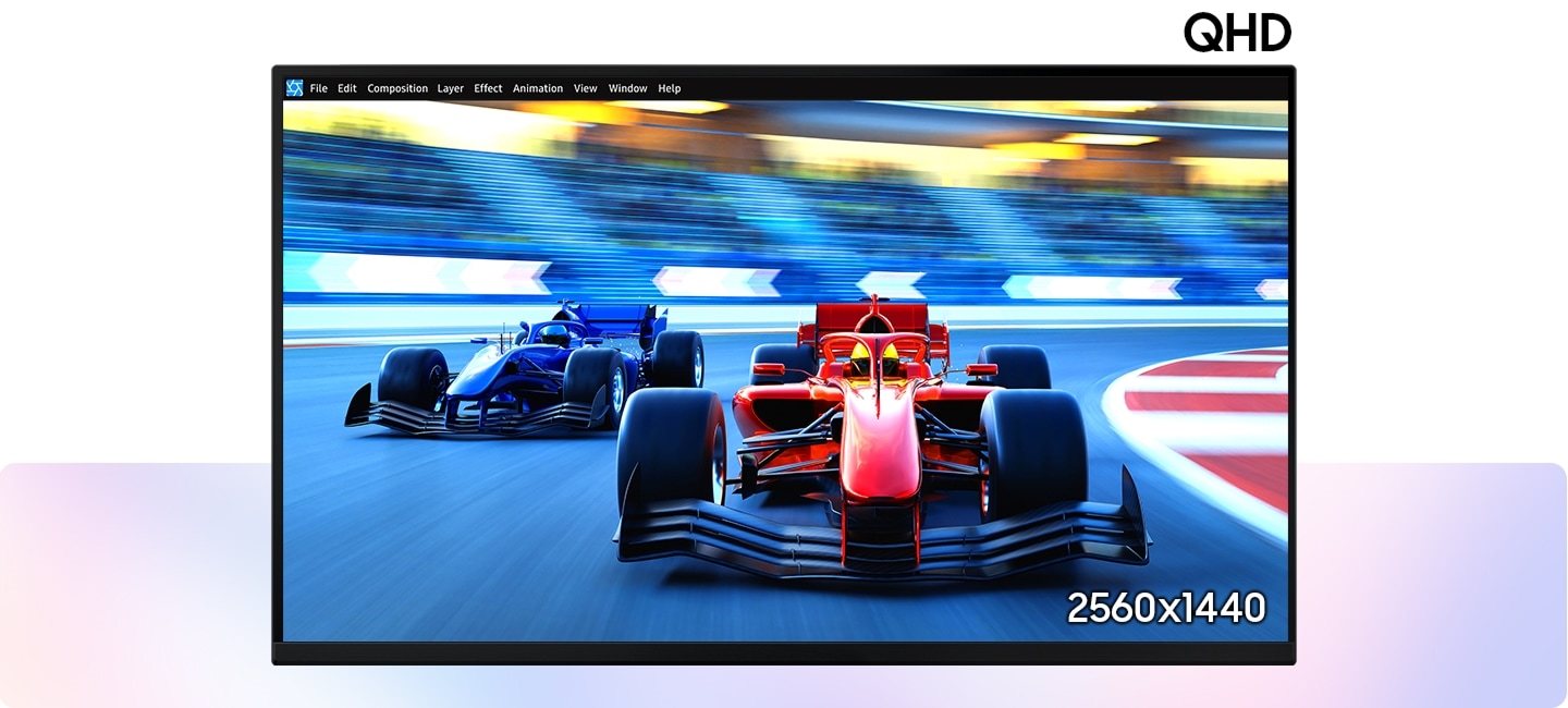 A QHD (2560x1440) screen shows a video of a car race. A 4K (3840x2160) display shows the same race, along with a ranking scoreboard, and a specific driver. A 5K (5120x2880) screen shows an editing tool used to edit the video. The 5K display then shows a full coding screen, followed by the editing tool.