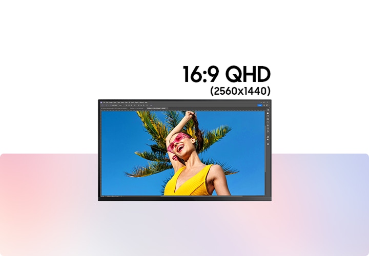 A 16:9 QHD (2560x1440) screen shows an editing tool. An 21:9 ultra WQHD (3440x1440) screen shows an editing tool and a chat window. A 32:9 dual QHD (5120x1440) screen shows an editing tool, a website and a chat window. A 21:9 WUHD (5120x2160) screen adds more vertical space.