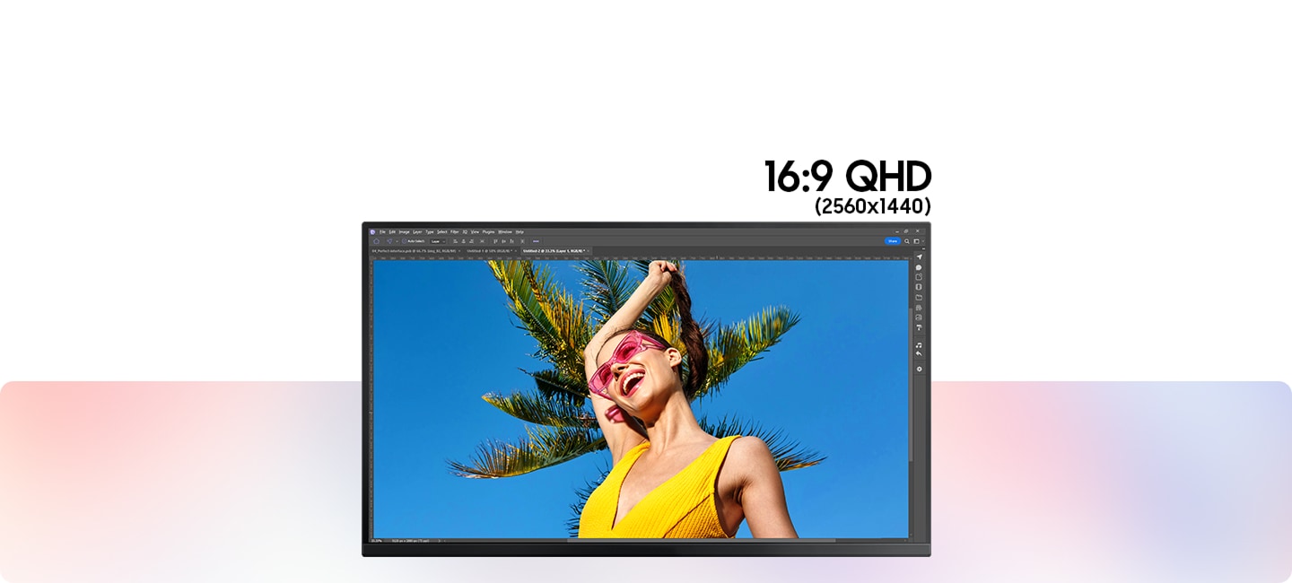A 16:9 QHD (2560x1440) screen shows an editing tool. An 21:9 ultra WQHD (3440x1440) screen shows an editing tool and a chat window. A 32:9 dual QHD (5120x1440) screen shows an editing tool, a website and a chat window. A 21:9 WUHD (5120x2160) screen adds more vertical space.