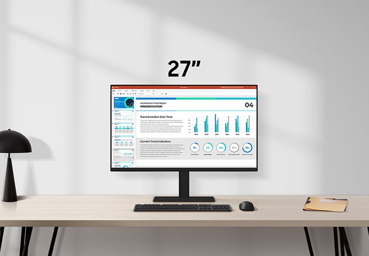 A 27-inch screen shows a PPT file. A 32-inch display shows a two-page Word document spread across the screen. A 37-inch screen shows a PPT file, a Word document and a website. A 40-inch display shows a Word document and two websites. A 49-inch screen shows a Word document, two websites, and a chat window.