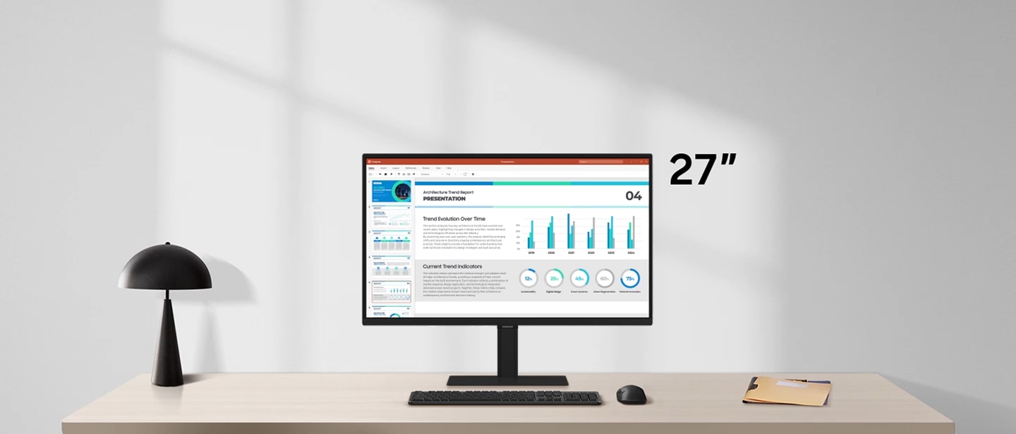 A 27-inch screen shows a PPT file. A 32-inch display shows a two-page Word document spread across the screen. A 37-inch screen shows a PPT file, a Word document and a website. A 40-inch display shows a Word document and two websites. A 49-inch screen shows a Word document, two websites, and a chat window.