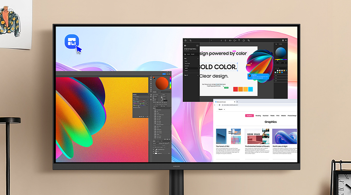 A monitor displays three apps on the screen. The cursor clicks the Samsung Display Manager icon, enables Quick Split, and drags each app window onto the layout icons at the top to place the apps in the matching split-screen sections.