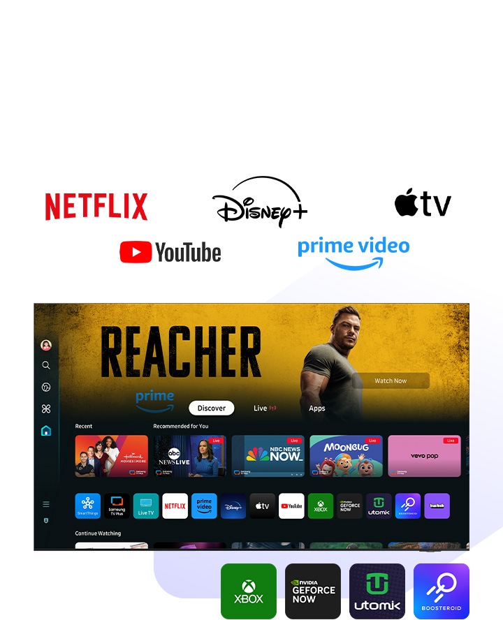 A screen displays an assortment of popular shows, movies and apps available on Samsung Tizen OS. Outside the screen, various logos of popular streaming services are displayed, including Netflix, YouTube, Amazon Prime Video, Disney Plus and Apple TV. In addition, there are logos for gaming apps like Xbox, NVIDIA GeForce Now, Utomik and Boosteroid.