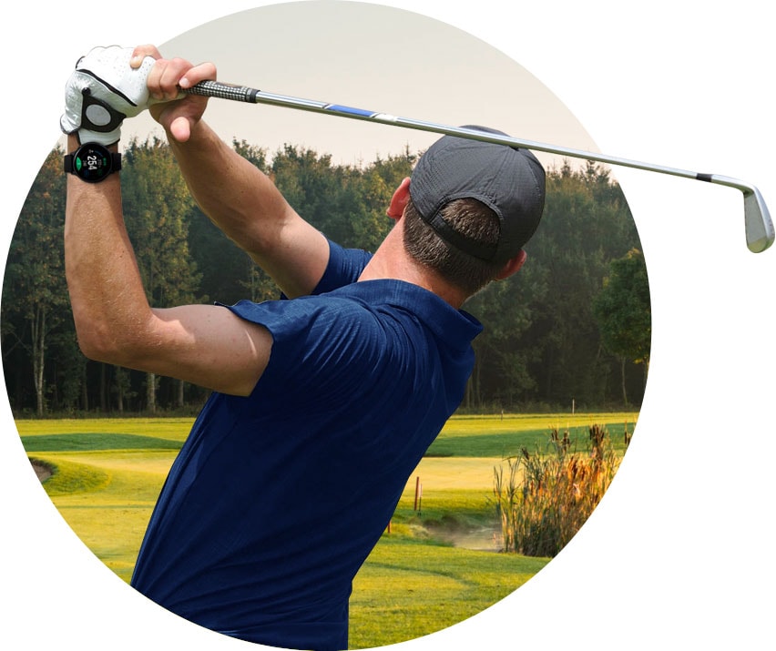 Man seen from the back practicing his golf swing while wearing the Galaxy Watch Active2 Golf Edition. A close-up of the watch is next to the image, with close-ups of the dual arc, touch targeting, shot history, and course information UI screens below.