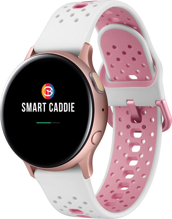 'Galaxy Watch Active2 Golf Edition seen at an angle with Smart Caddie UI onscreen.