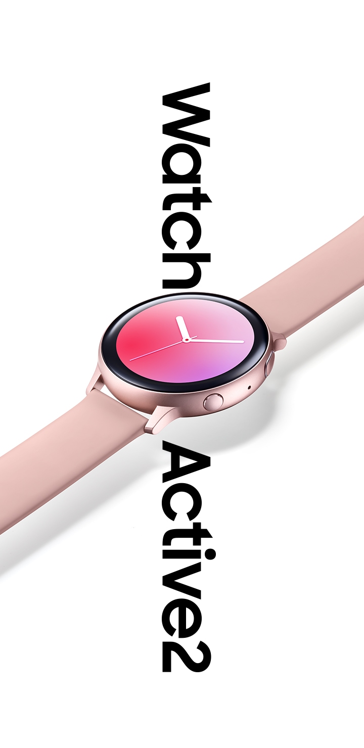 A stainless pink Galaxy Watch Active2 with pink leather strap that hangs over the words 'Watch Active 2' in large font below.