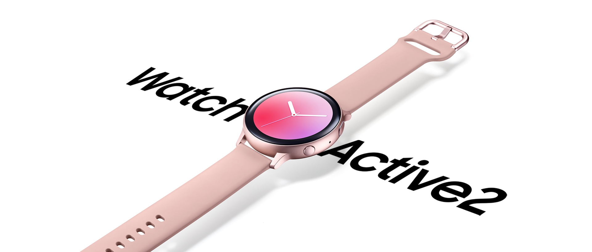 A stainless pink Galaxy Watch Active2 with pink leather strap that hangs over the words 'Watch Active 2' in large font below.