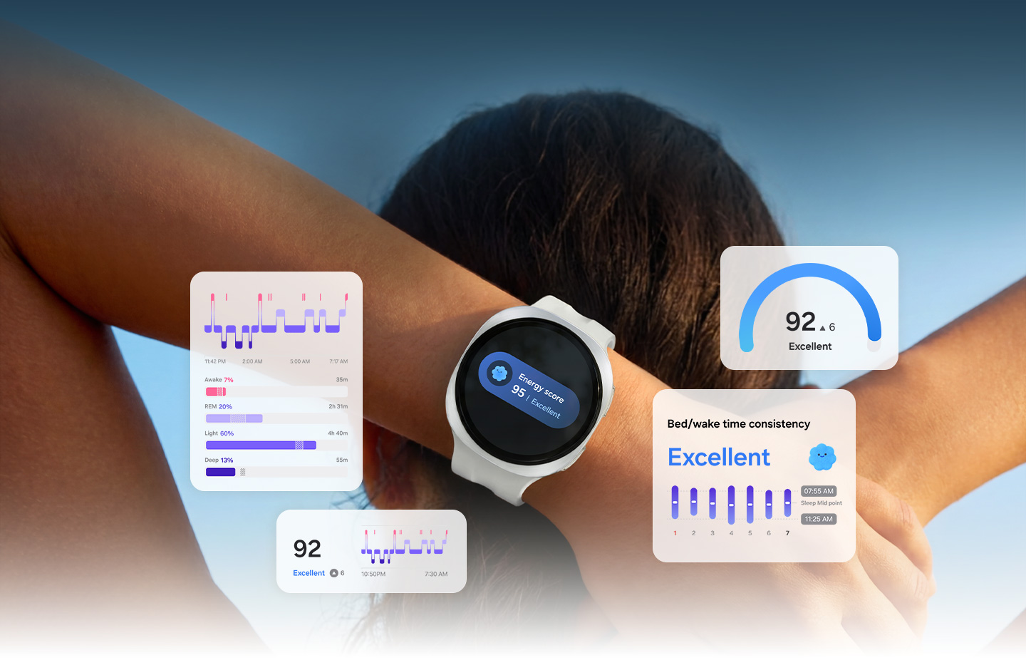 A person is lying in bed with Galaxy Watch9 on the wrist. Sleep apnea risk detection feature logo is onscreen, indicating that the watch tracks repeated disruptions in breathing during sleep. Sleep tracking feature GUI are near Galaxy Watch9. Sleep stage data, Sleep time consistency and Energy Score can be seen.