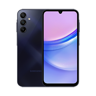 Two Galaxy A15 phones in Black Blue, one seen from the front and one from the rear.