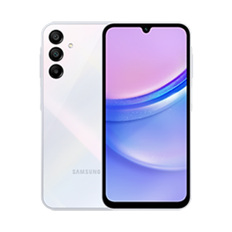 Two Galaxy A15 phones in Light Blue, one seen from the front and one from the rear.
