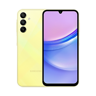 Two Galaxy A15 phones in Yellow, one seen from the front and one from the rear.