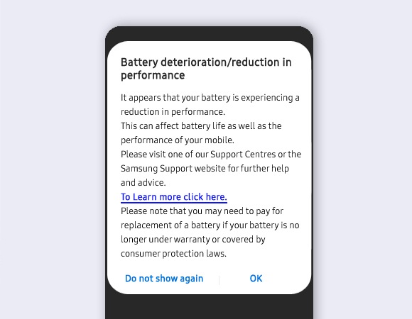 Alert message relating to battery use