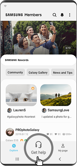 Click the help button in the Samsung members app