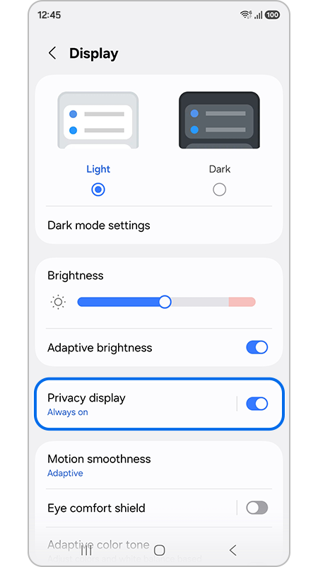 Privacy display menu highlighted