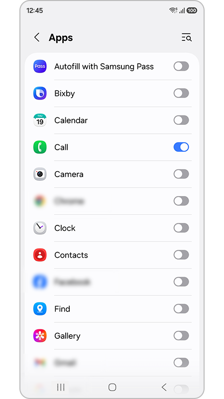 App list view with various application icons and switches