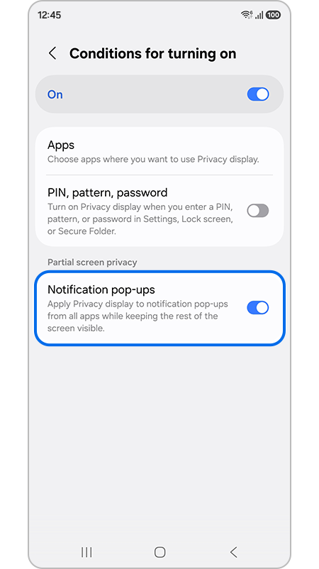 Notification pop-ups menu highlighted