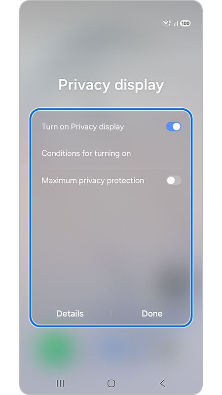 Detailed Privacy display settings shown in the Quick panel