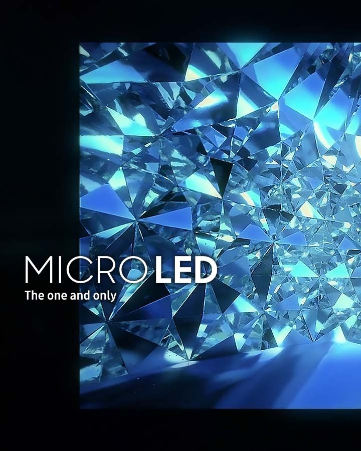 MICRO LED The one and only. A colorful flowerbed moves like a wave. A red, blue and green butterfly flaps its wings on a pink flower. A screen showcases more LEDs attached at a higher density. The faceted sapphire stone breaks into small pieces and are put back together into a big LED screen.