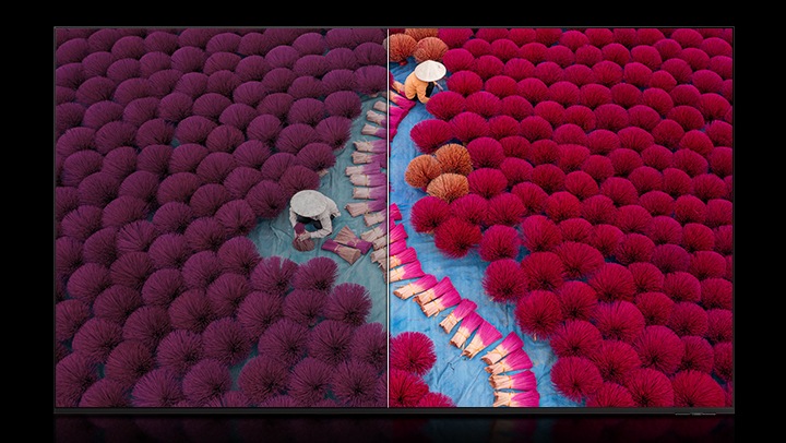 A scene of traditional red incense-making bursts with vibrant, realistic colors when Micro RGB Color Booster Pro is applied, compared to when it’s not.