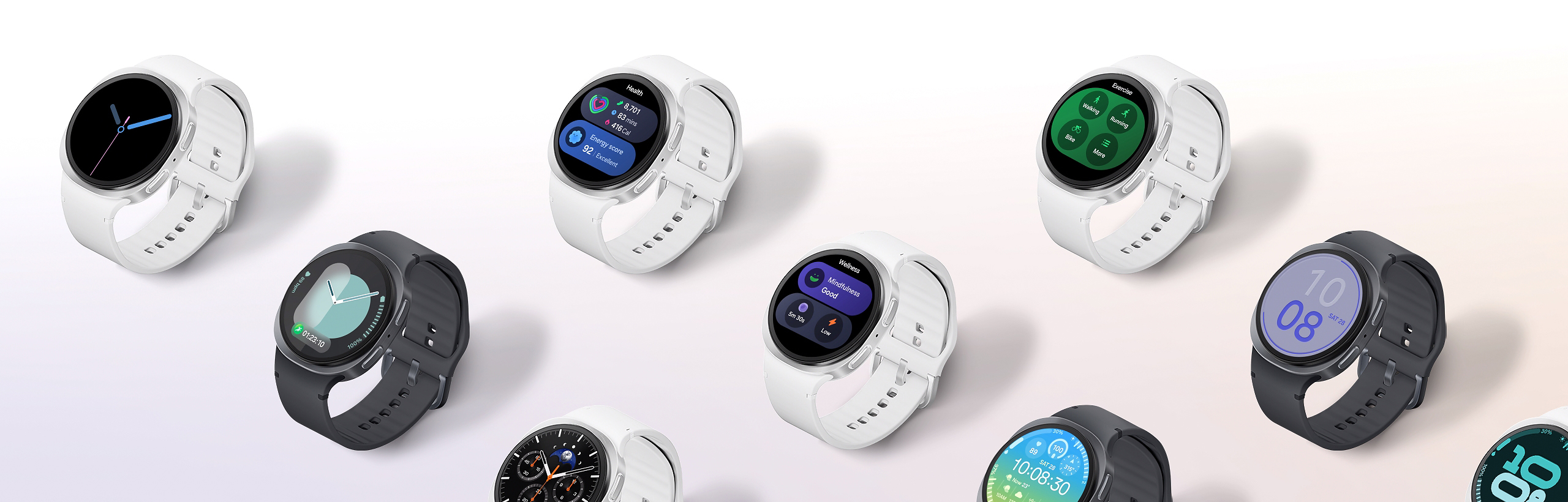 Galaxy Watch 8 interface with One UI 8 shown at startup, designed for smoother navigation and smart control.