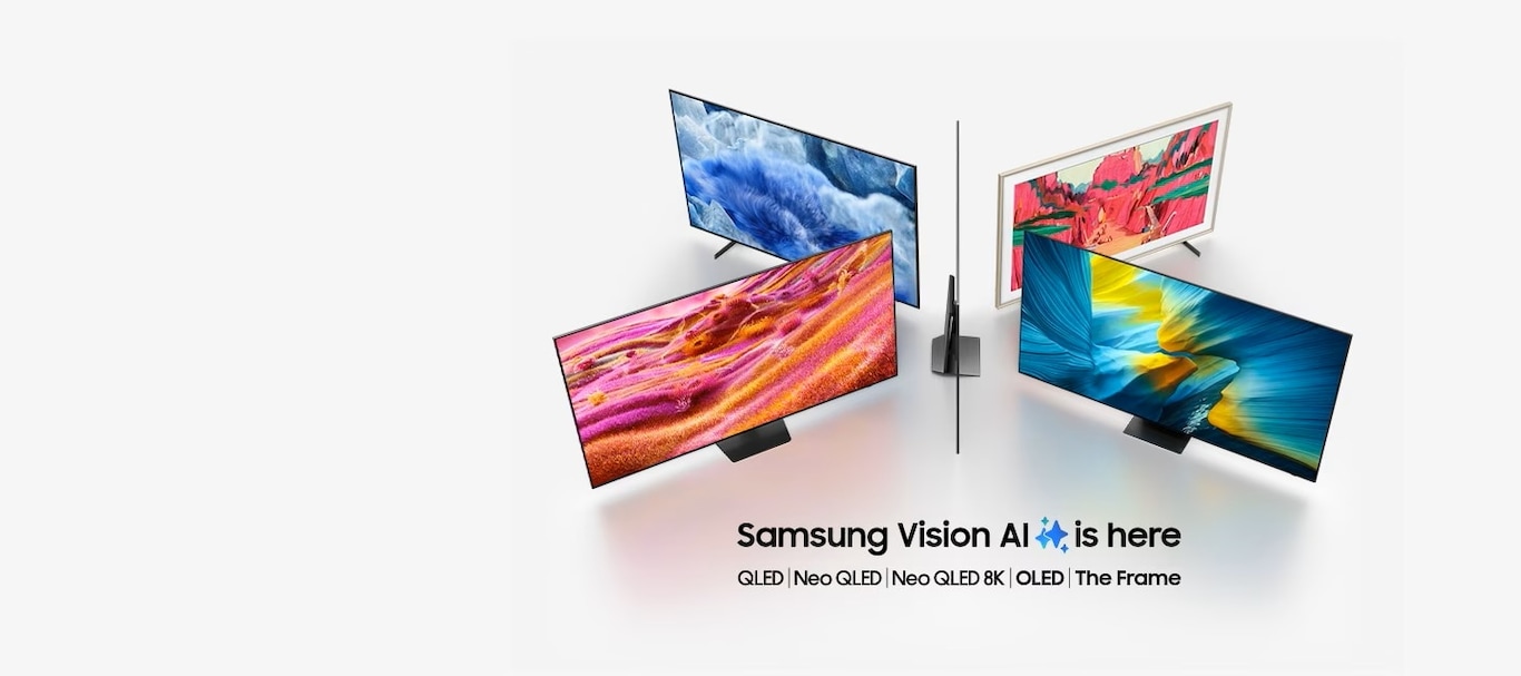 A blank TV sits alone. A vivid blue abstract landscape appears on screen. The TV suddenly moves to occupy a central position surrounded by four other TV models. Text below reads Samsung Vision AI is here. QLED, Neo QLED, Neo QLED 8K, OLED, and The Frame.