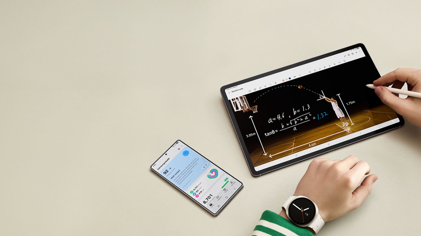 Galaxy Z Flip7 in Blue Shadow seen from the front. Galaxy Watch8 in White with the Running coach app on the face. Galaxy Buds3 Pro in Silver.