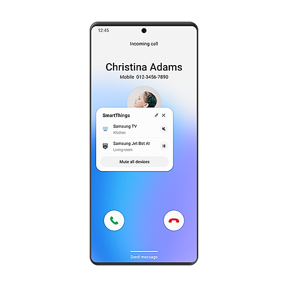 A Galaxy smartphone GUI shows an incoming call from Christina Adams along with the SmartThings pop-up that lets you mute certain or all devices. Samsung TV in the kitchen is muted and Samsung Jet Bot AI in the living room is paused.