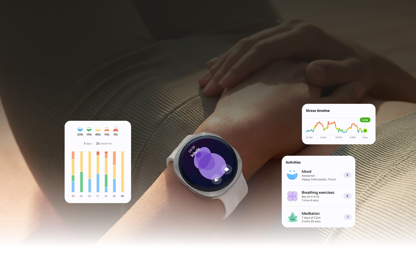 A person lying on their back is wearing Galaxy Watch9 on their wrist. Stress feature is onscreen and the stress level is Low, indicating that the person is relaxed.
Mindfulness feature GUI are near Galaxy Watch9. 7 days / 25 check-ins, Stress timeline and Activities.