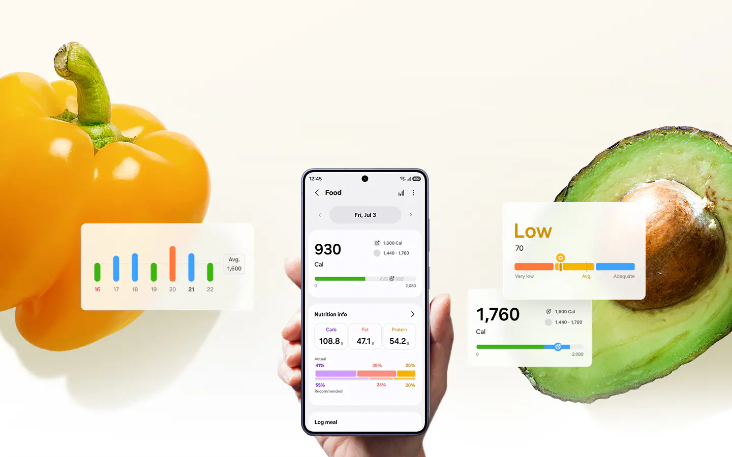 Paprika and avocado are in the background. In the middle, a hand is holding a smartphone with Food feature onscreen. Different metabolic health-related feature GUIs can be seen on each side, such as Antioxidant Index, AGEs index and Food Tracker.