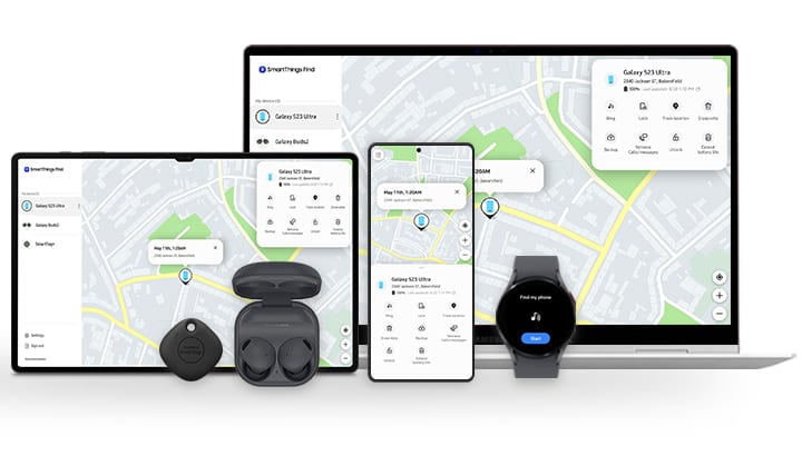 Galaxy Book, Galaxy Tab and Galaxy smartphone are displaying the SmartThings Find screen. The last tracked location of the lost device, Galaxy S23 Ultra, is shown. SmartTag, Galaxy Buds and Galaxy Watch are shown to indicate they can also be used for SmartThings Find. Galaxy Watch is displaying the text 'Find my phone' with a ringing icon in the middle and a 'Start' button at the bottom.