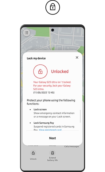 A smartphone is displaying 'Lock my screen' function. The lost device has been unlocked.