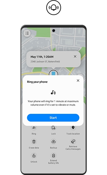 A smartphone is displaying 'Ring my phone' function. A 'Start' button is shown at the bottom. 