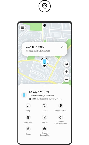 A smartphone is displaying the location of a lost Galaxy S23 Ultra. On the bottom part of the screen, there are icons of functions that can control the device remotely.