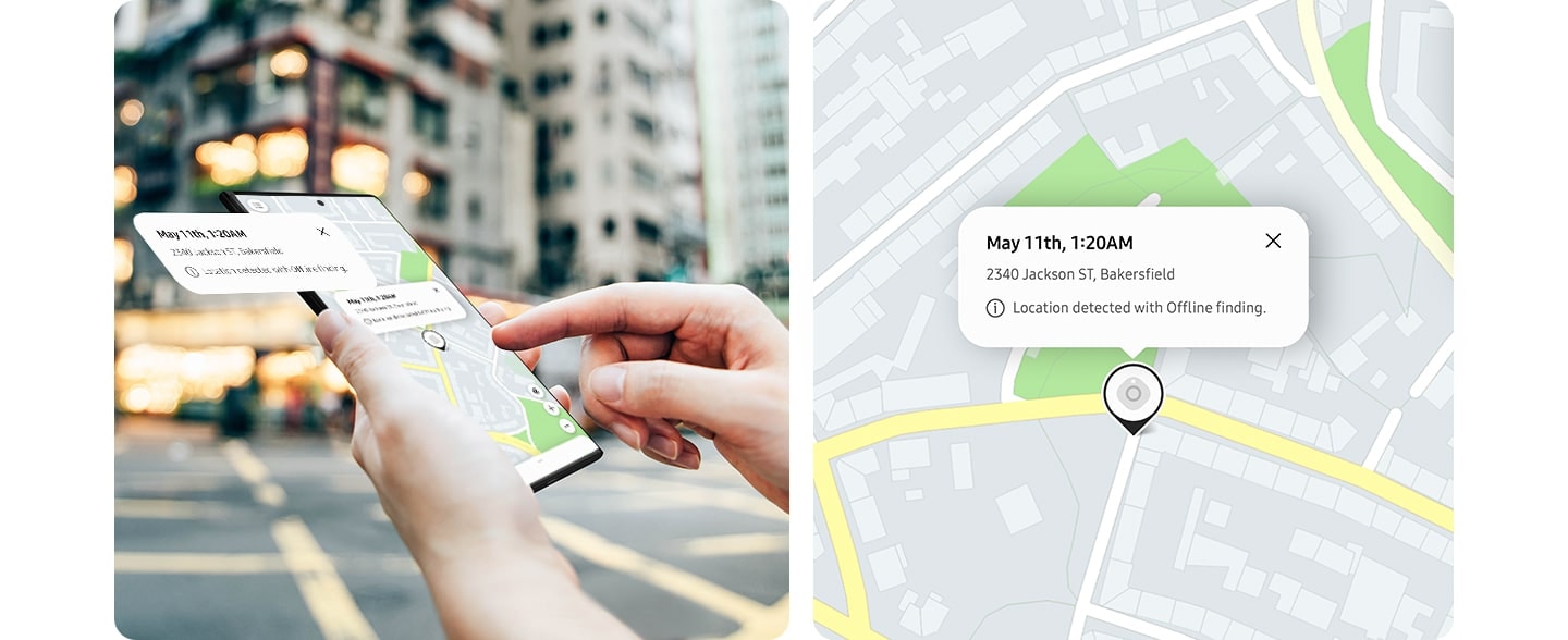 On the left is a person holding a smartphone. The screen is showing a map of the location of the lost device. On the right is a zoom-in of the same map.