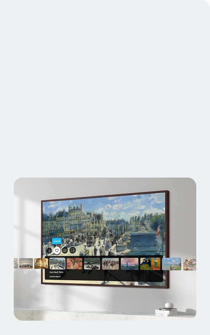 A wall-mounted The Frame displays Pont Neuf, Paris by Auguste Renoir. Other artwork can be selected from the menu below. The option to add the artwork to favorites is highlighted.