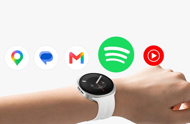App icons and a Galaxy Watch on a wrist