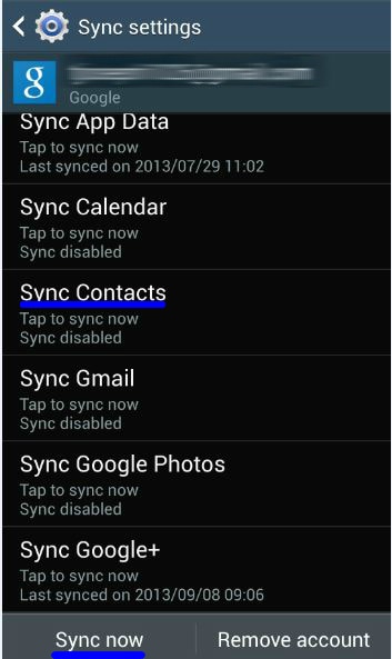 galaxy s4 sync all contacts to google