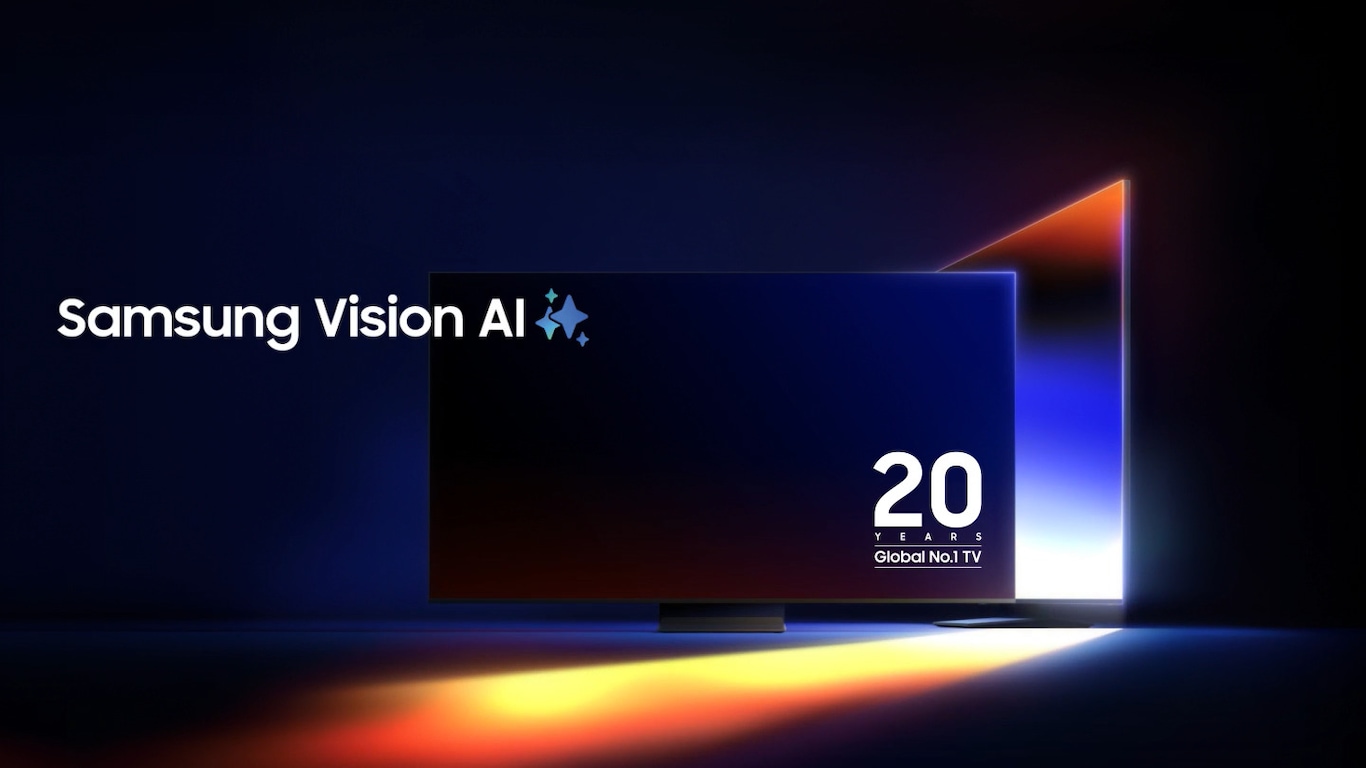 A blank TV sits alone. A vivid blue abstract landscape appears on screen. The TV suddenly moves to occupy a central position surrounded by four other TV models. Text below reads Samsung Vision AI is here. QLED, Neo QLED, Neo QLED 8K, OLED, and The Frame.