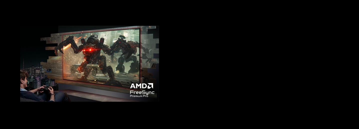 A TV with AMD FreeSync Premium Pro shows a smooth scene of a racecar. Without FreeSync, the same scene has image tearing.