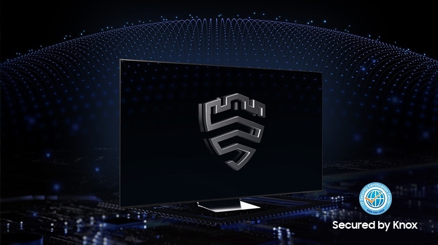 A TV displays the Samsung Knox Security logo. Off the side, a logo for IT Security Certification Center CISS-1291-2024.