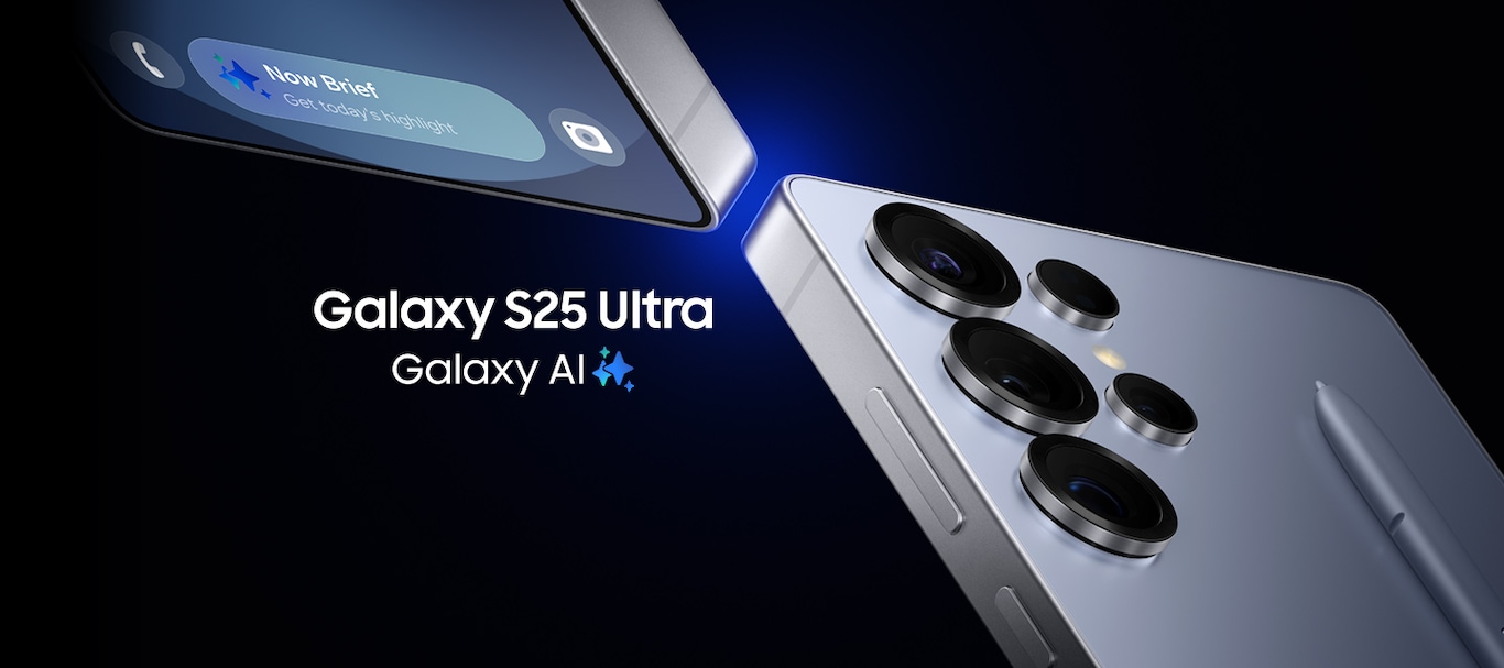 يظهر هاتفان طراز Galaxy S25 Ultra بلون أزرق سماوي تيتانيوم، وهما ينزلقان أحدهما فوق الآخر، ويظهر أحدهما من الجهة الخلفية، والآخر من الجهة الأمامية. يعرض هاتف Galaxy S25 Ultra من الجهة الأمامية إشعار Now Brief مع عبارة "تعرَّف على أبرز الأحداث اليوم". ويظهر هاتف Galaxy S25 Ultra من الجهة الخلفية وفوقه قلم S Pen. تقنية Galaxy AI.