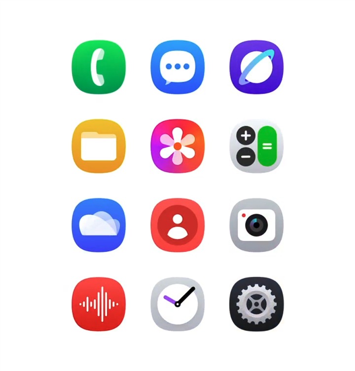 تتغير أيقونات تطبيقات Galaxy في One UI 6 إلى التصميم الجديد الذي توفره واجهة One UI 7. إنها تظهر متناثرة عبر الشاشة الرئيسية للهاتف الذكي من Galaxy. يتم عرض عناصر واجهة مستخدم العد التنازلي والطقس ومعرض الصور \"Gallery\" ومواعيد اليوم. تظهر الشاشة مقفلة، ويظهر فيها رجل يتخذ وضعية مفعمة بالحيوية. أدناه تظهر أيقونات اختصار وإشعار منبثق لتشغيل الموسيقى. يتم تدويره لعرض مسجل الصوت \"Voice Recorder\"، مع عرض مدة التسجيل وأيقونة توقف. تدور النافذة المنبثقة لعرض المؤقت. إنه يتضمن الوقت المتبقي والوقت المحدد ووقت الانتهاء وأيقونة إيقاف مؤقت. تظهر شاشتان جديدتان. الأولى تعرض لوحة الإشعارات المُعاد تصميمها. في الجزء العلوي، تظهر أيقونات التحرير وإيقاف التشغيل والإعدادات. وبالأسفل، تظهر أيقونات Wi-Fi، والبلوتوث، والتدوير التلقائي والمزيد. وبالأسفل، تظهر وحدة تحكم في الوسائط، وأشرطة تمرير لمستوى الصوت والسطوع وأيقونات لأجل وضع الصوت والوضع الداكن. في الأسفل، تظهر أيقونات للأجهزة القريبة وتطبيق SmartThings. على الشاشة الأخرى، تظهر إشعارات مباشرة. مسجل صوت \"Voice Recorder\" ومؤقت يشتمل على تحديثات فورية، ومكالمات فائتة، ورسائل، وأيقونة الإعدادات وأيقونة مسح.