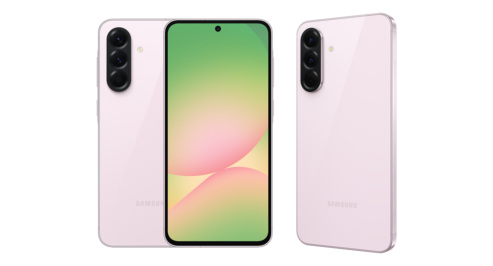 Three Galaxy A56 in Awesome Pink are arranged, one in rear view, one in front view and another in rear view.