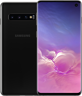 هاتفان Galaxy S10 باللون الأسود، أحدهما معروض من الجهة الخلفية والآخر من الجهة الأمامية.