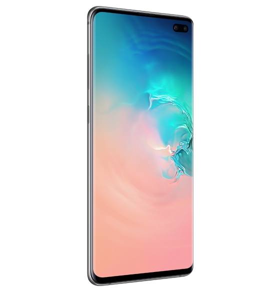 هاتف Galaxy S10 Plus باللون الأبيض ملتفت نحو جانب زر التحكم في الصوت، ومرئي من الجهة الأمامية.