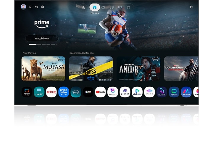 تعرض الشاشة الرئيسية لتطبيق Smart Hub أنواعاً مختلفة من محتوى البث والميزات الذكية الأخرى المتاحة على أجهزة التلفزيون الذكي من Samsung.