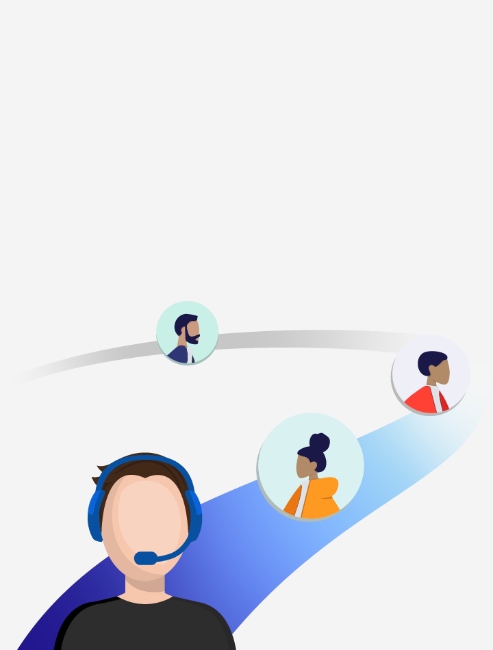 Ilustrație cu o persoană cu căști telefonice și cu mai multe alte persoane în profil, în interiorul unor cercuri.