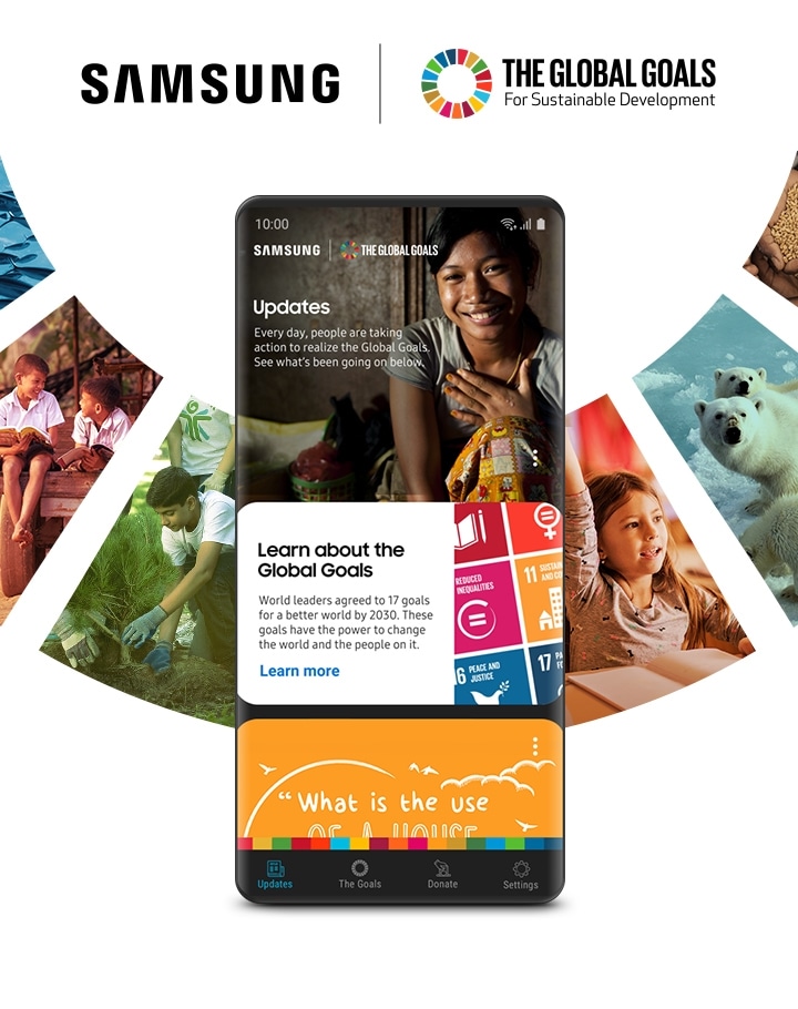 „ Galaxy išmanusis telefonas su imituota „ Samsung Global Goals programos sąsaja yra priešais sutrauktų vaizdų žiedą, vaizduojantį Jungtinių Tautų darnaus vystymosi tikslus. Samsung “ bendradarbiauja su JT, kad įgalintų vartotojus padaryti šviesesnę ateitį visiems.