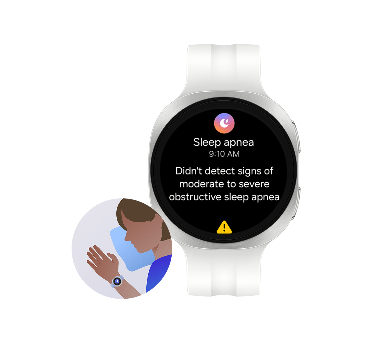 Sidabro spalvos „Galaxy Watch9“ su kremine sportine apyranke, parodytas atsuktas į priekį, ekrane rodoma miego apnėjos rizikos aptikimo funkcijos sąsaja su miego apnėjos piktograma, laiku ir tekstu „Neaptikta vidutinio arba sunkaus laipsnio obstrukcinės miego apnėjos požymių“. Iliustracinė piktograma, vaizduojanti žmogų, miegantį su „Galaxy Watch9“ ant riešo ir įjungta miego apnėjos rizikos aptikimo funkcija.